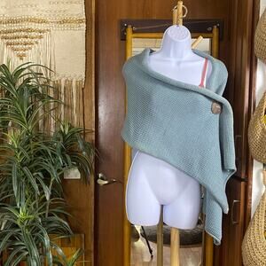 Pure Handknit Dusty Blue Button Wrap Scarf O/S | Cotton Artisan Knit Shawl NWT